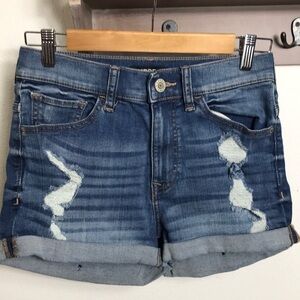 Express jean shorts blue, shortie high rise, cuffed. Stretch, size 2